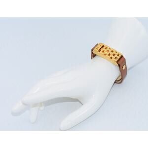 BALENCIAGA Brown Leather Band Gold Tone Locket Box Bracelet